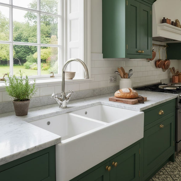 Modern kitchen with green cabinets, white marble countertop, and a window view of a garden.