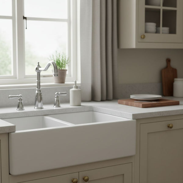 Kitchen with a white sink, countertop, and cabinets.