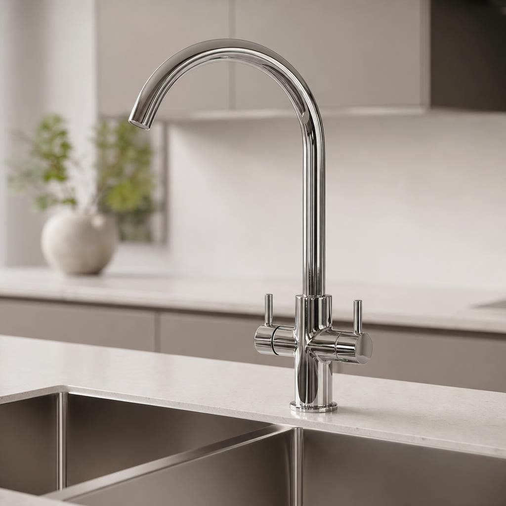 Crescent Chrome Twin Lever Kitchen Tap