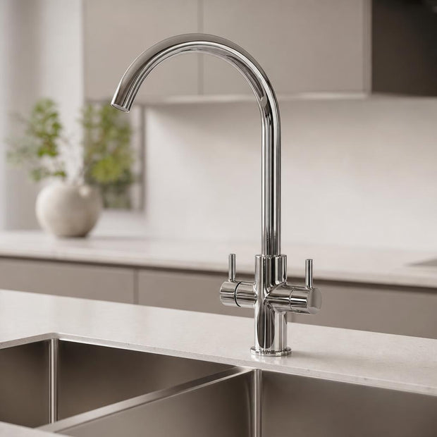 Crescent Chrome Twin Lever Kitchen Tap